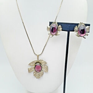 VTG Amethyst Glass Necklace Earrings Set Foil Back Cabochons Silver Tone Leaves